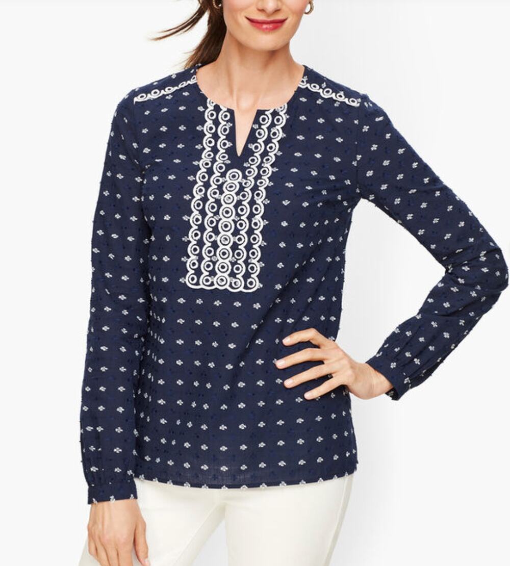 Talbots Navy Blue Embroidered Clipdot Popover Blouse Top Peasant Plus Size 3X